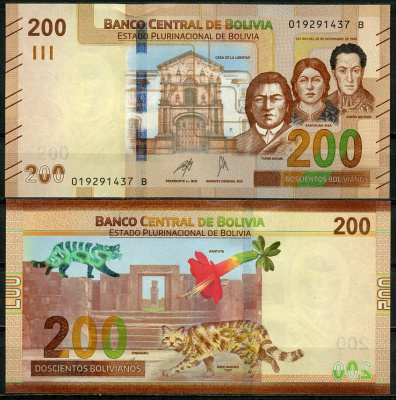 Боливия 200 боливиано 1986 (2018-2019) Тупак Катари, Бартолина Сиса, Симон Боливар, цветок Кантута, Андский горный кот Pick 252 (2)  бумага  UNC (пресс) 451-1189-2