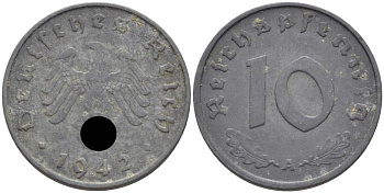 ГЕРМАНИЯ 10 РЕЙХСПФЕННИГОВ 1942 A KM 101, J. 371 цинк 4401-635