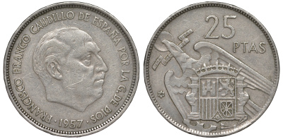 ИСПАНИЯ 25 ПЕСЕТ 1957 (59) ФРАНСИСКО ФРАНКО ДИКТАТОР ИСПАНИИ (1939-1975) KM 787 медно-никель 45-944