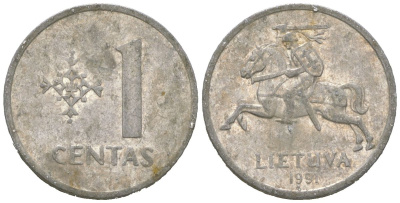 Литва 1 цент 1991 KM 85 алюминий 4618-165