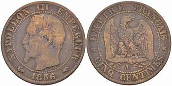 Франция 5 сантимов 1856 A, Наполеон III (1852-1870) KM 777.1, Le Franc 116.30 бронза 108-422