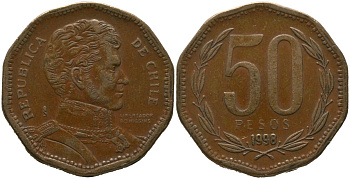 Чили 50 песо 1998 So KM 219.2, Schon 70 алюминиевая бронза 4544-317