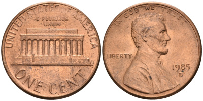 США 1 цент 1985 D, Линкольн KM 201b цинк плакированный медью 4580-419