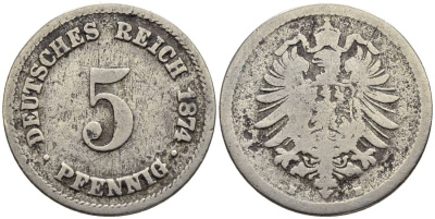 ГЕРМАНИЯ 5 ПФЕННИГОВ 1874 B, СТАРОГЕРБОВКА KM 3, Jager 3, Weege 5 медно-никель 4546-1023