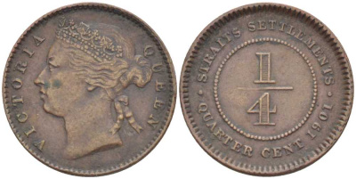 Стрейтс-Сетлментс 1/4 цента 1901 Виктория (1837-1901) KM 14 бронза 4044-214