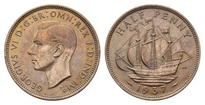 Великобритания 1/2 пенни 1937 Георг VI (1936-1952) KM 844, Spink 4115 бронза 4691-635