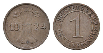 Германия 1 рентенпфенниг 1924 F KM 30, J. 306 бронза 4696-567