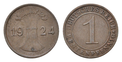 Германия 1 рентенпфенниг 1924 F KM 30, J. 306 бронза 4696-567