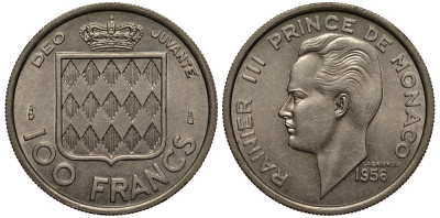 Монако 100 франков 1956 Ренье III (1949-2005) KM 134 медно-никель UNC 1515-422