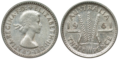 Австралия 3 пенса 1961 m, Елизавета II (1952-2022) KM 57 серебро 71-748