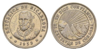 Никарагуа 25 сентаво 1952 KM 18.1 медно-никель aUNC 1528-1332