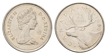 Канада 25 центов 1980 Елизавета II (1952-2022), олень KM 74 никель UNC 4688-514