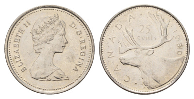 Канада 25 центов 1980 Елизавета II (1952-2022), олень KM 74 никель UNC 4688-514