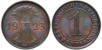Германия 1 рентенпфенниг 1923 G KM 30, J. 306 бронза UNC 72-1169