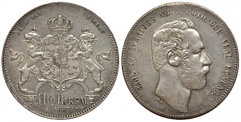 Швеция 4 риксдалера 1867 Карл XV (1859-1872), с подвески, редкий год KM 711 серебро 00-815-28
