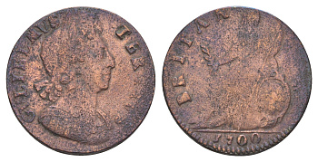 Великобритания 1/2 пенни 1700 Вильгельм III (1694-1702) KM 503, Spink 3556 медь 3711-622