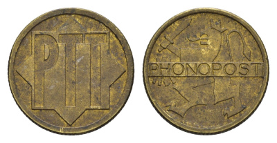 Нидерланды жетон для "почтового" (телефонного) автомата 1934–1950 редкий жетон, Fonopost - экспериментальная почтовая служба предназначеная для записи голоса человека на патефонную пластинку или на электромагнитную ленту и доставки полученной записи почто