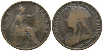 Великобритания 1 пенни 1897 Виктория (1837-1901) KM 790, Spink 3961 бронза 08-622