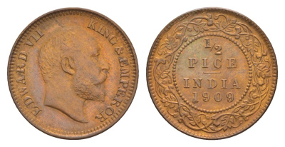 Британская Индия 1/2 пайса 1909 Эдуард VII (1901-1910) KM 500 бронза  UNC  1527-1443