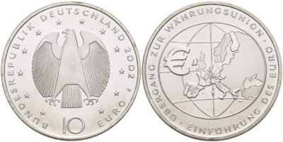 ФРГ 10 евро 2002 F, введение европейской валюты KM 215, DE.S. 10.1 серебро UNC 413-4322
