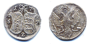 РОССИЯ ДЛЯ ПРИБАЛТИЙСКИХ ПРОВИНЦИЙ 2 КОПЕЙКИ 1757 Биткин 646 R1 серебро 00-346-43-2