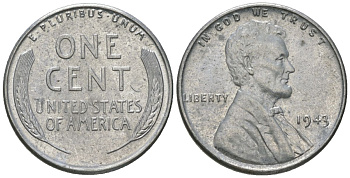 США 1 цент 1943 Авраам Линкольн KM 132 a сталь покрытая цинком aUNC 112-1017