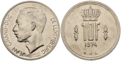 Люксембург 10 франков 1974 Великий герцог Жан (1964-1999) KM 57 никель 4599-1221