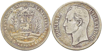 Венесуэла 1 боливар 1945 р, Симон Боливар KM 22а серебро 98-154