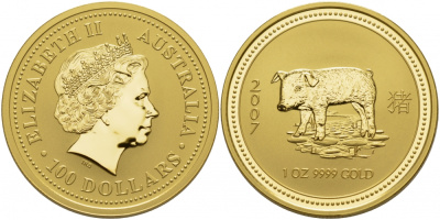 Австралия 100 долларов 2007 год свиньи золото UNC 10-014-43
