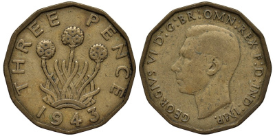 Великобритания 3 пенса 1943 Георг VI (1936-1952) KM 849, Spink 4112 никель латунь 4538-1116