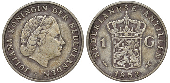 Нидерландские Антилы 1 гульден 1952 Юлиана (1948-1980) KM 2 серебро 36-952