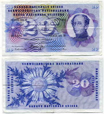 Швейцария 20 франков 1974 Brenno Galli - Leutwiler - Aebersold, Гийом-Анри Дюфур Pick 46 v (3) бумага 8564-25-3-1