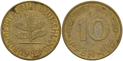 ФРГ 10 пфеннигов 1982 F J. 383, KM 108 сталь плакированная латунью    4603-522