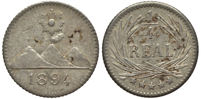 Гватемала 1/4 реала 1894 5 звезд, Испанское правление KM 162 серебро 4549-252