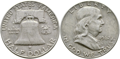 США 1/2 ДОЛЛАРА ( 50 ЦЕНТОВ ) 1962 D, ФРАНКЛИН, КОЛОКОЛ KM 199 серебро 58-633