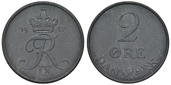 Дания 2 эре 1957 C; S, Фредерик IX (1947-1972) KM 840.2 цинк 71-1152