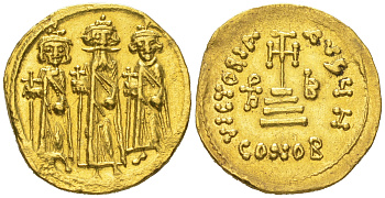 Византийская Империя солид 610-641 Ираклий с Ираклием Константином и Ираклионом/крест, Константинополь, 4,38 гр, about extremely fine Sear 767 золото 10-020-82