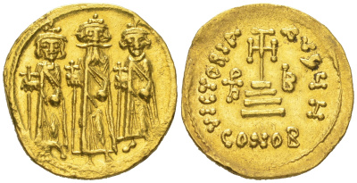 Византийская Империя солид 610-641 Ираклий с Ираклием Константином и Ираклионом/крест, Константинополь, 4,38 гр, about extremely fine Sear 767 золото 10-020-82