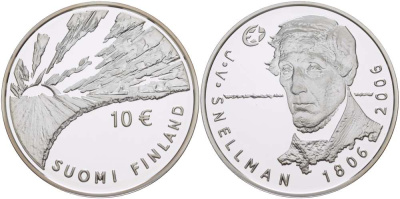 Финляндия 10 евро 2006 200 лет со дня рождения Йохана Снелльмана, философ KM 124 серебро PROOF 11-040-15