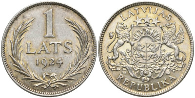 Латвия 1 лат 1924 Первая республика (1918-1939) KM 7 серебро 27-1232