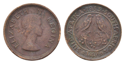 ЮАР 1/4 пенни (фартинг) 1953 Елизавета II (1952-2022) KM 44 бронза 187-424