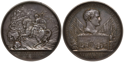 Франция медаль 1800 (AN 8) Наполеон Бонапарт - первый консул Французской Республики. Битва при перевале Сен-Бернар, битва при Маренго, великолепная красивая патина, вес 80,4 гр., диаметр 60 мм Bramsen 33, к Julius 784 (бронза) серебро UNC 10-004-23