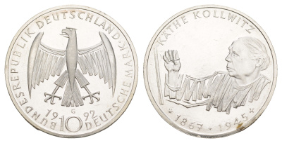 ФРГ 10 марок 1992 G, 125 лет со дня рождения Кете Кольвиц KM 178 серебро UNC 4634-1016
