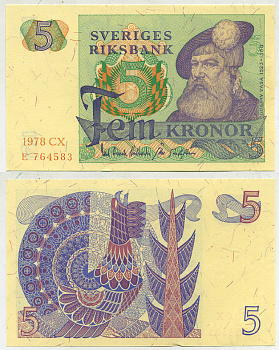 Швеция 5 крон 1978 CX, Густав I Ваза Pick 51d бумага aUNC 444-116-1