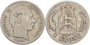 Дания 1 крона 1875 H-CS, Кристиан IX (1863-1906) KM 797.1 серебро 202-755