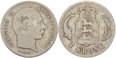 Дания 1 крона 1875 H-CS, Кристиан IX (1863-1906) KM 797.1 серебро 202-755