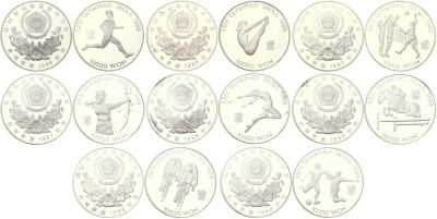 Южная Корея полный набор из 16 монет 1986, 1987 и 1988 XXIV летние Олимпийские Игры, Сеул 1988 KM 54, 55, 56, 57, 60, 61, 62, 63, 66, 67, 70, 71, 74, 75, 76 и 77 серебро PROOF 443-1515-1545