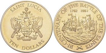 Сент-Люсия 10 долларов 1982 200 лет битве у островов Всех Святых KM 12 медно-никель UNC 1091-4-23