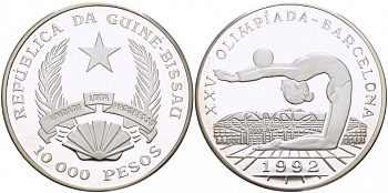 Гвинея-Бисау 10000 песо 1992 XXV Олимпийские игры 1992 года в Барселоне, гимнастка, гимнастка с мячем KM 30 серебро PROOF 1068-2-11