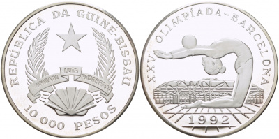Гвинея-Бисау 10000 песо 1992 XXV Олимпийские игры 1992 года в Барселоне, гимнастка, гимнастка с мячем KM 30 серебро PROOF 1068-2-11